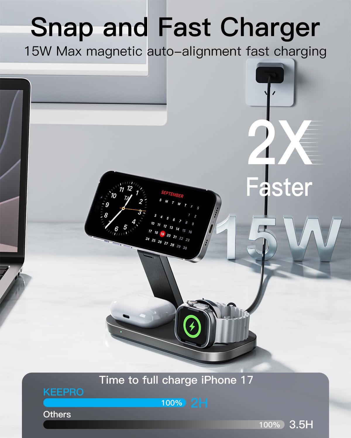 Estación de carga 3 en 1 para dispositivo Apple, soporte de carga rápida inalámbrico magnético plegable compatible con MagSafe para iPhone 17e/17/16/15/14/13/12/Air Series, Apple Watch y