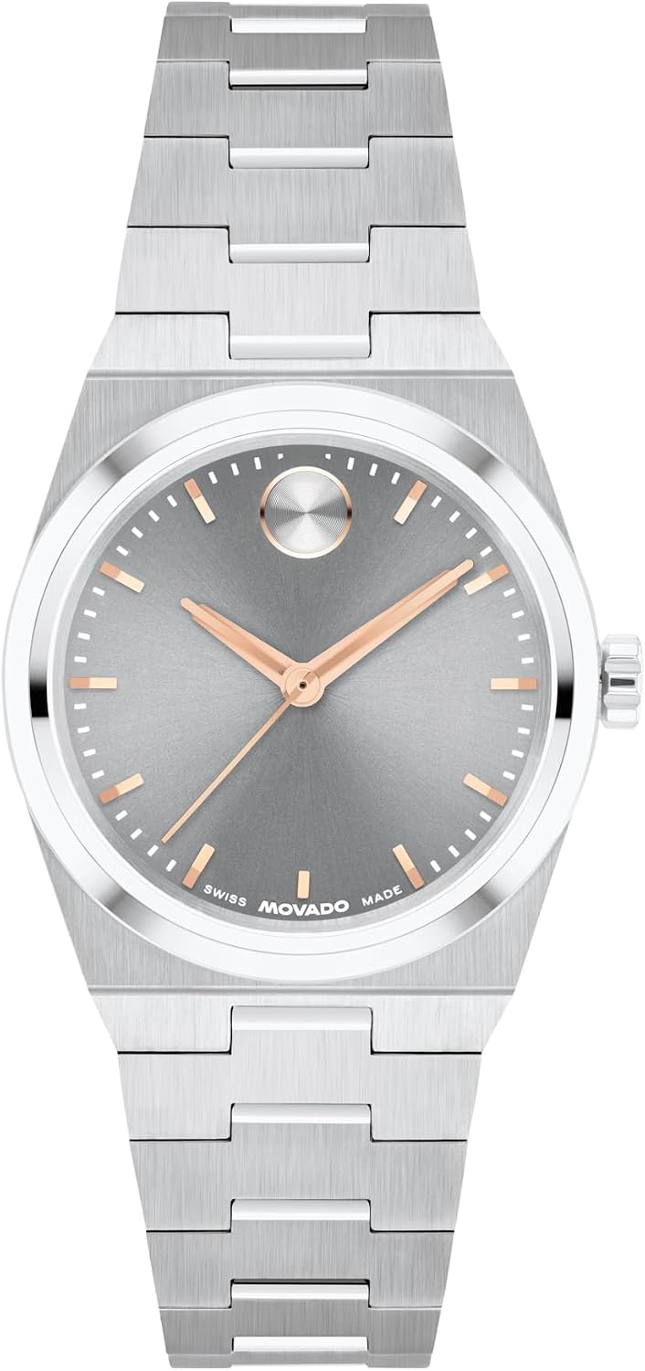 Movado Reloj Bold Quest Mini de 28mm para mujer, movimiento de cuarzo suizo, caja y brazalete de acero inoxidable, punto distintivo, pieza de lujo moderna y pequeña