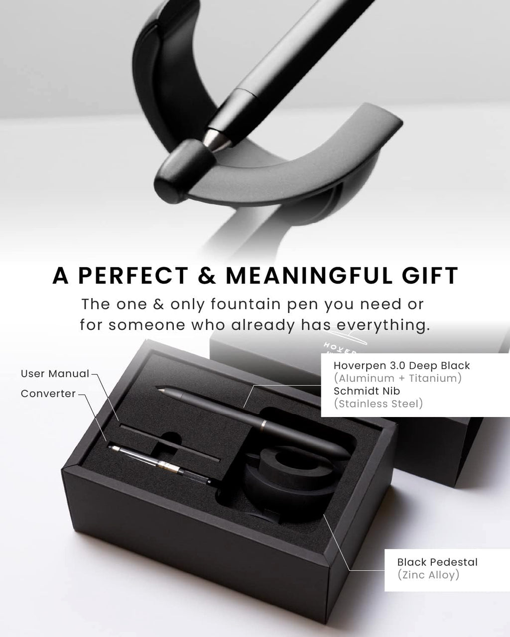 novium Hoverpen Future - Pluma Estilográfica de Lujo, Aguja Schmidt (Punta Fina), Convertidor, Recambio Extra, Estética Futurista, Metal Aeroespacial, Mejor Set de Regalo de Pluma para Hombres y Mujeres (Deep Black)