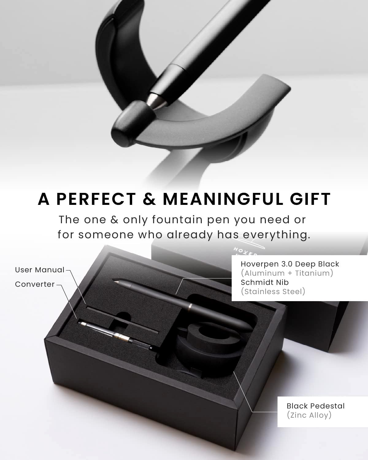 novium Hoverpen Future - Pluma Estilográfica de Lujo, Aguja Schmidt (Punta Fina), Convertidor, Recambio Extra, Estética Futurista, Metal Aeroespacial, Mejor Set de Regalo de Pluma para Hombres y Mujeres (Deep Black)