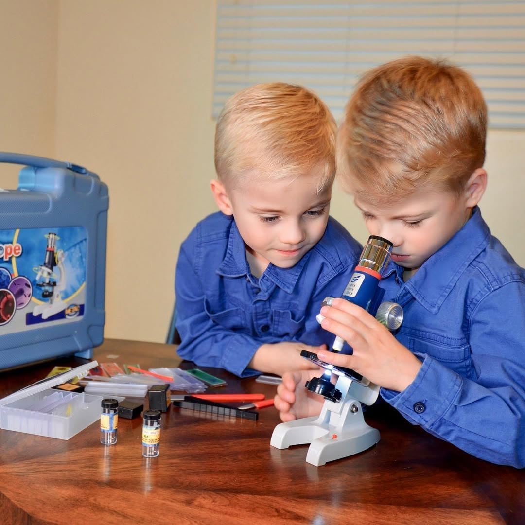 Kit de microscopio para niños de 58 piezas, aumento de 100X-1200X, cuerpo de metal, luz LED, caja de transporte, juguete de experimento científico para niños de 5 a 12 años