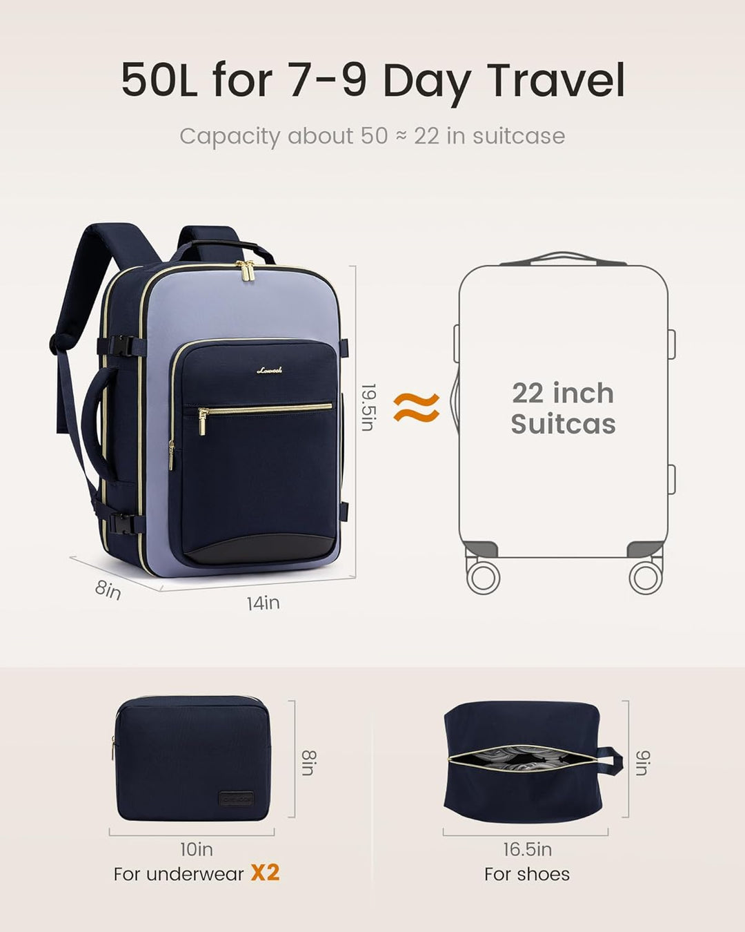 LOVEVOOK Mochila de viaje de 50 litros para mujeres y hombres, equi...