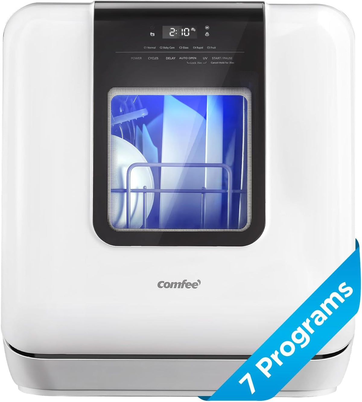 COMFEE' Lavavajillas para encimera, lavavajillas portátil con tanque de agua integrado de 6 L, mini lavavajillas con más espacio en el interior, 7 programas, higiene UV y apertura automática de