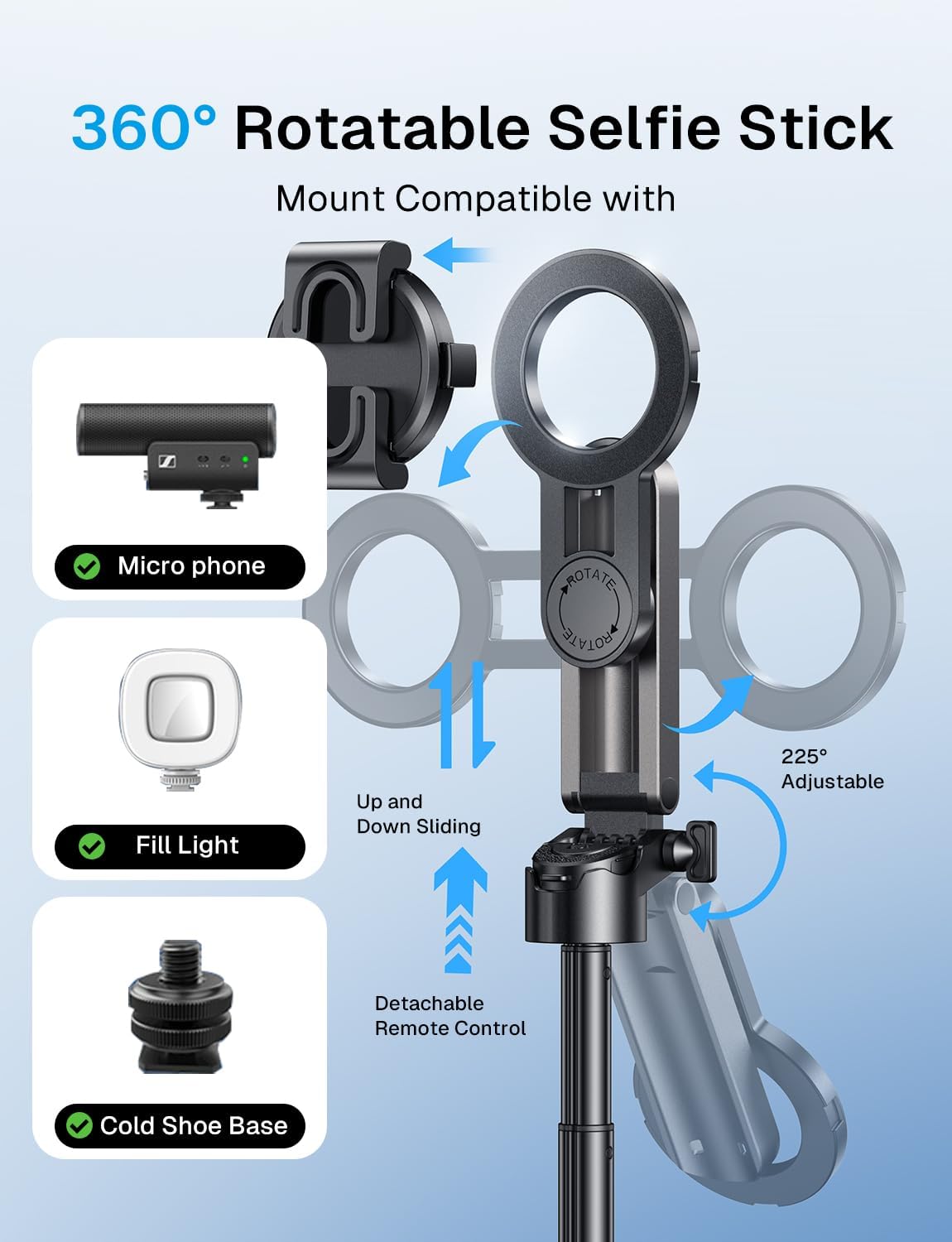 MAGIC JOHN Trípode para teléfono con 2 luces para selfies, portátil tamaño de bolsillo para iPhone Magsafe, Selfie Stick con control remoto desmontable para fotografía, transmisión en vivo, grabación de video