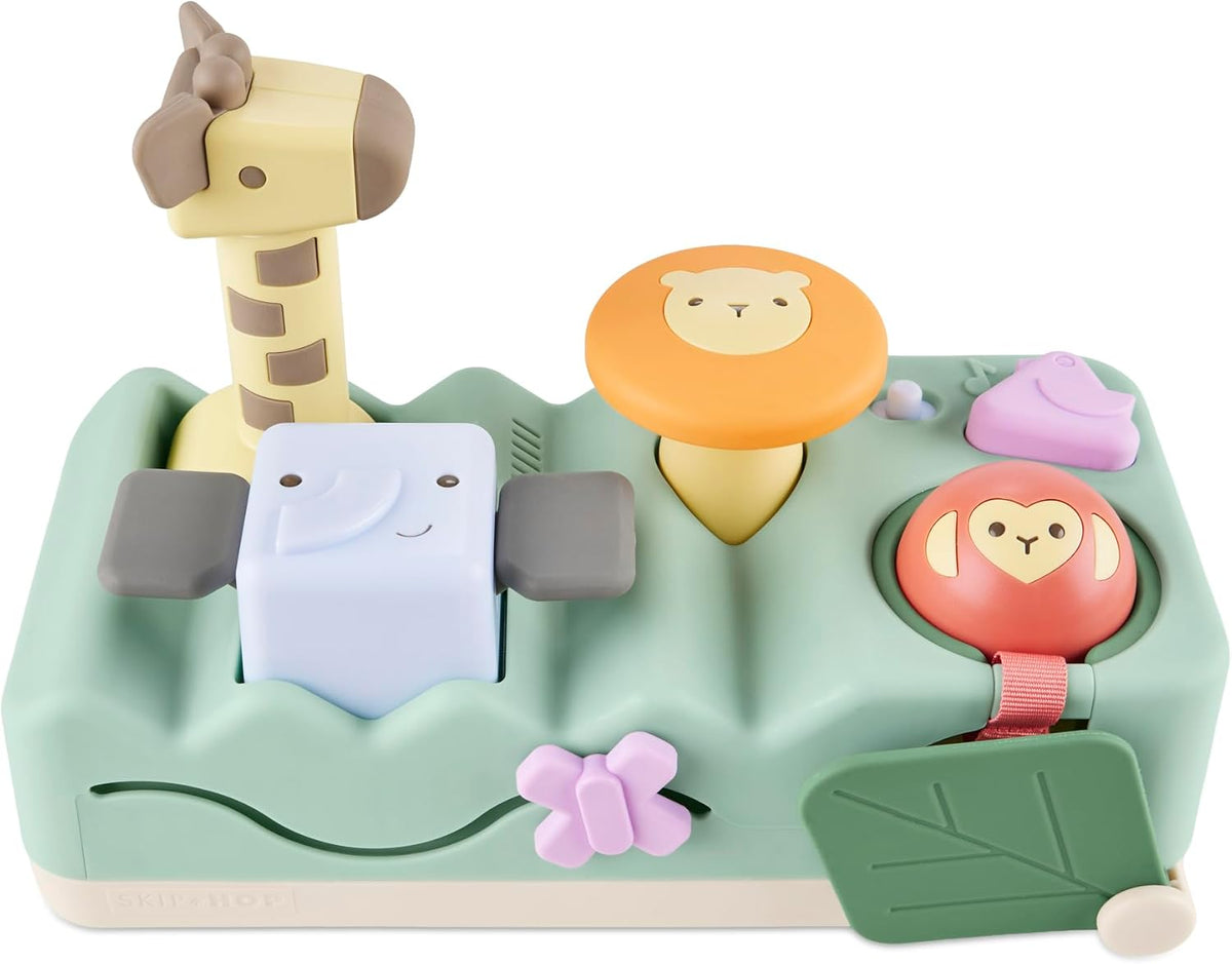 Skip Hop Tiempo boca abajo y juego sentado causa y efecto desarrollo musical para bebé juguete con 12 sonidos de animales, luces, música y 6 actividades, maravillas geométricas 2 en 1, banco de
