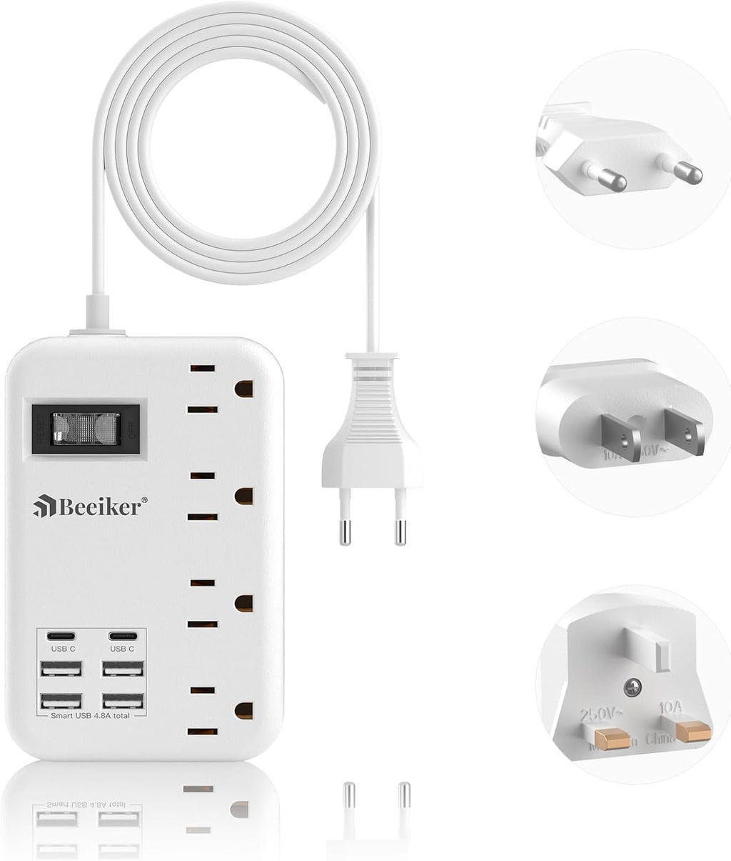 Adaptador de enchufe de viaje europeo, regleta de alimentación de EE. UU. a Europa, 6 USB, 4 tomacorrientes, 3 pies