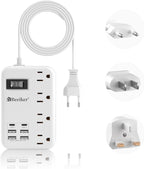 Adaptador de enchufe de viaje europeo, regleta de alimentación de EE. UU. a Europa, 6 USB, 4 tomacorrientes, 3 pies