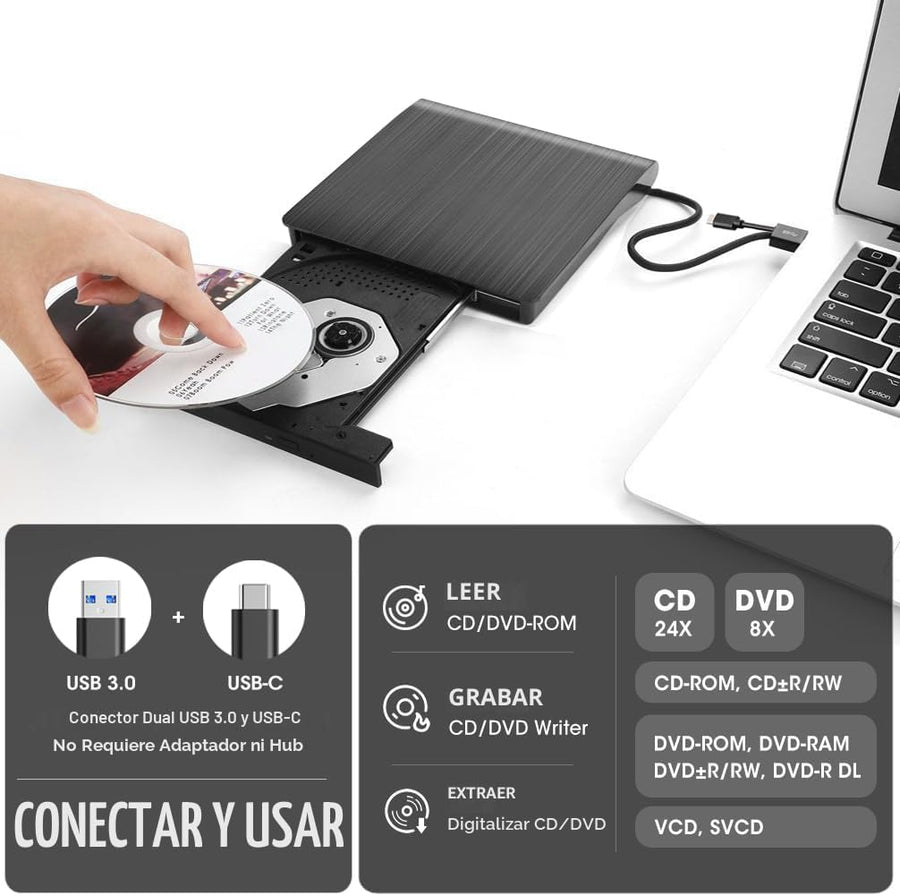 ROOFULL Unidad externa de CD y DVD para portátil y Mac con funda, U...