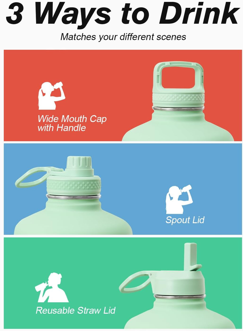 Coolflask Botella de agua de 128 onzas aislada con popote y 3 tapas a