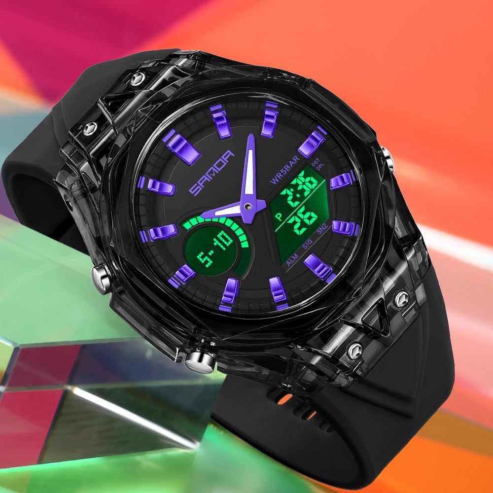 FANMIS Reloj deportivo unisex de doble pantalla – Reloj digital analógico táctico impermeable 5ATM con fecha de día, alarma, cronómetro y correa de TPU – Reloj de pulsera de cuarzo moderno para