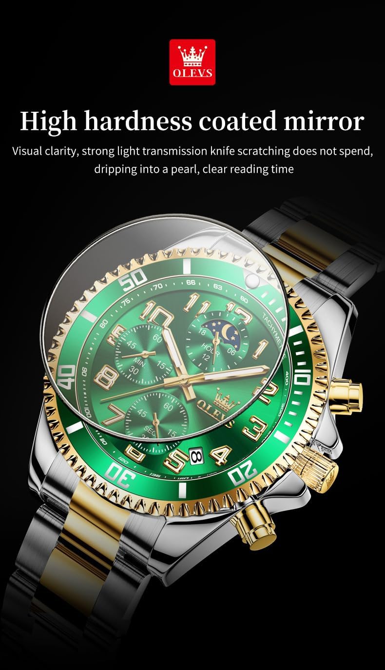 OLEVS Reloj de caballero Cronógrafo de lujo con fases de la luna, dos tonos, acero inoxidable, a prueba de agua, luminiscente, calendario empresarial, reloj de pulsera