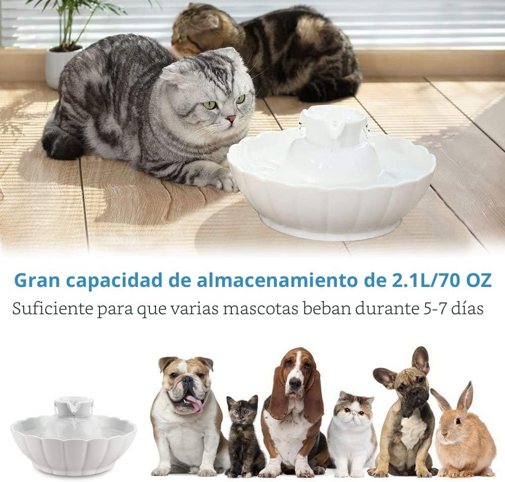 Fuente de agua para gatos iPettie Tritone de cerámica, abrevadero resistente para mascotas, 2.1 litros / 2.2 cuartos de galón de purificador de agua filtrada con filtros de repuesto y espuma, blanco