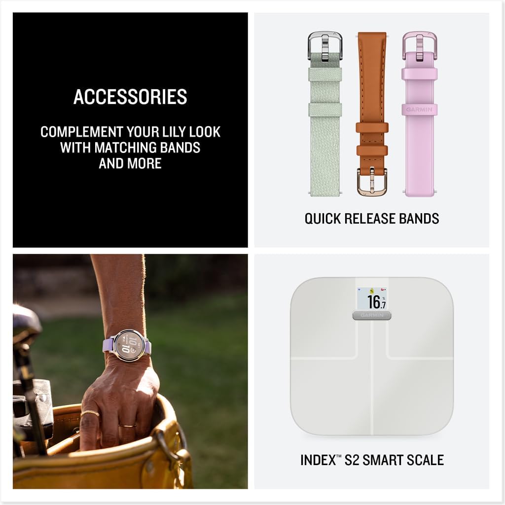Garmin Lily® 2 Active, Reloj inteligente pequeño y elegante, GPS integrado, pantalla oculta, lente con patrón, hasta 9 días de duración de la batería, plateado con banda de silicona Purple Jasmine