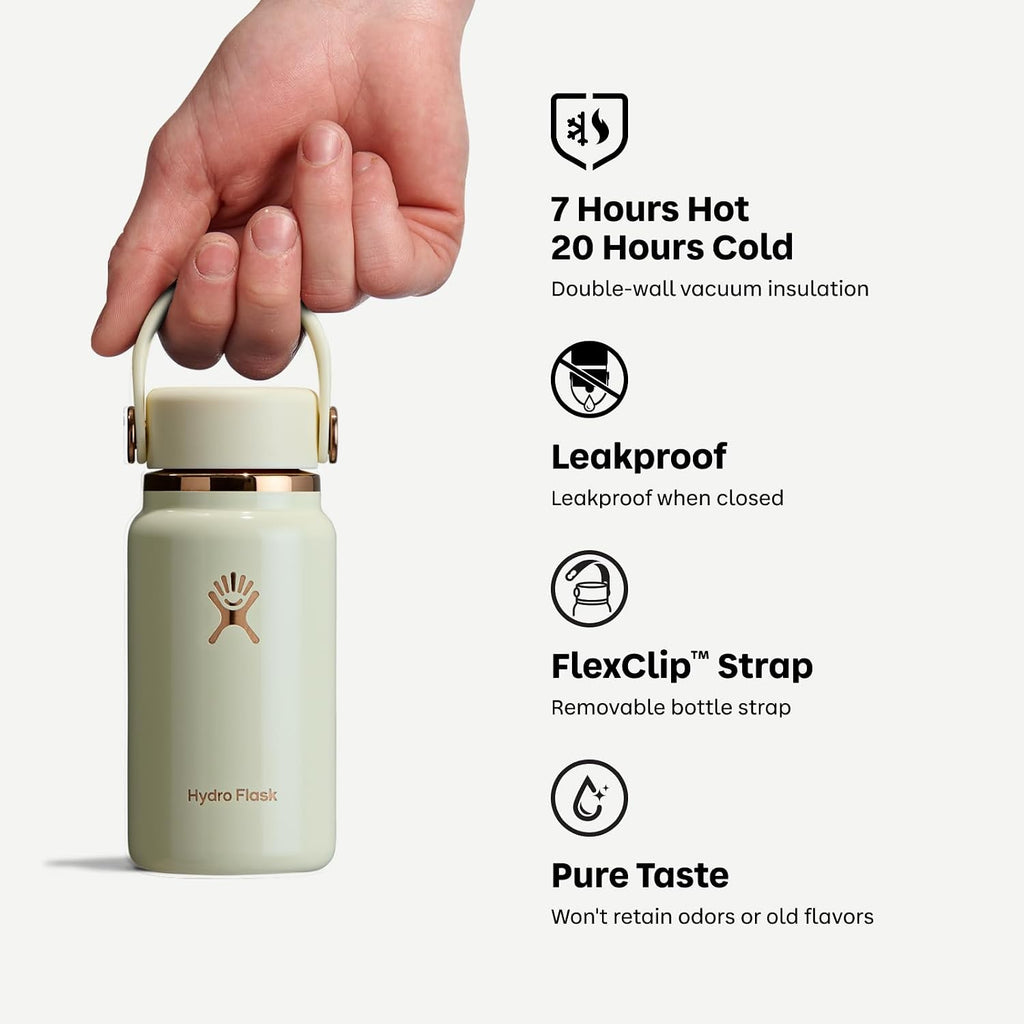 Hydro Flask Micro Bottle - Mini frasco aislado a prueba de fugas para bolso o bolsillo en 6.7 onzas marfil brillante