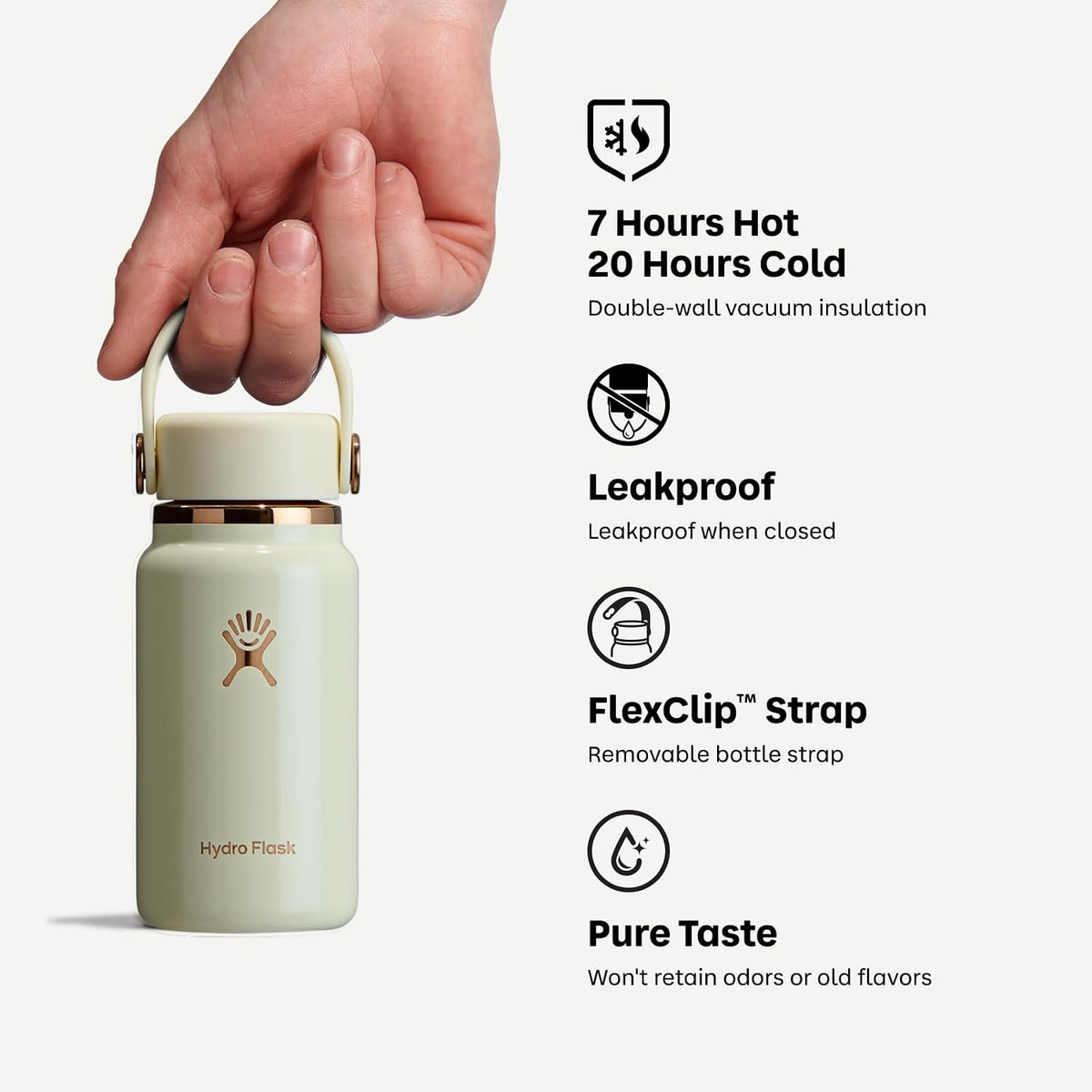 Hydro Flask Micro Bottle - Mini frasco aislado a prueba de fugas para bolso o bolsillo en 6.7 onzas marfil brillante