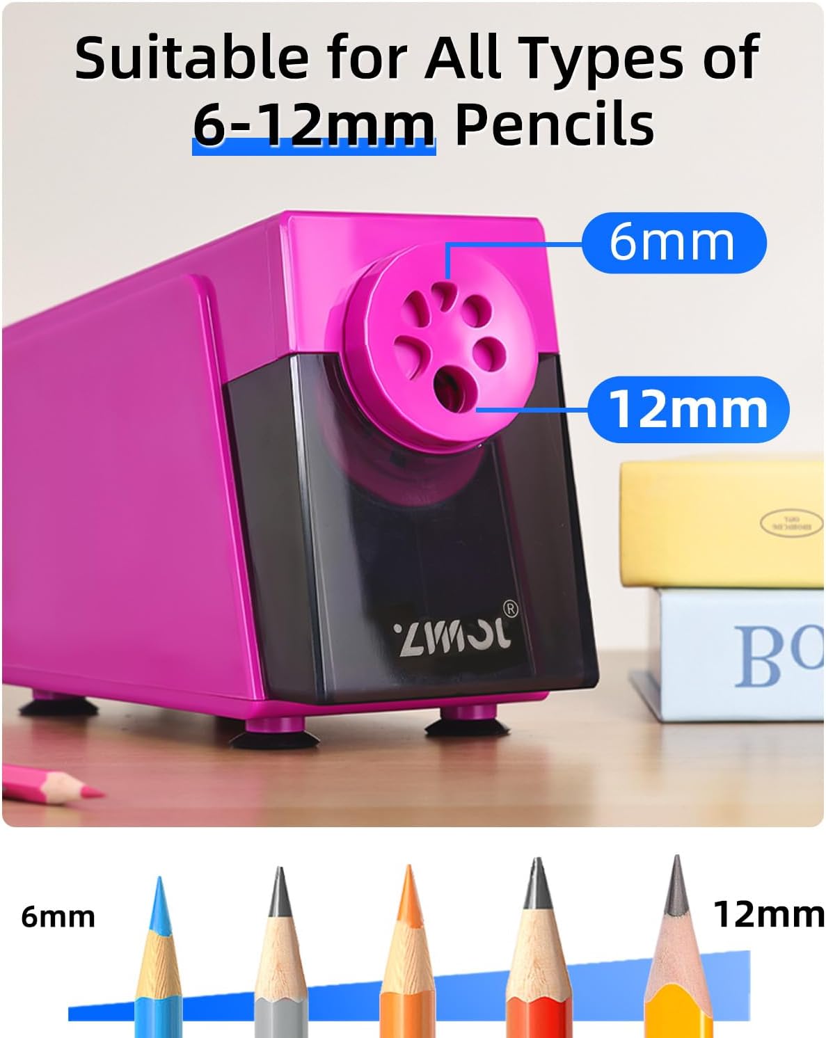 Sacapuntas eléctrico, resistente para aula, 0.236-0.472 in, rosa