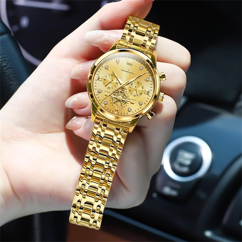 OLEVS Relojes para mujeres de negocios, con diamante, pulsera de acero inoxidable, fecha, impermeable, tono bicolor para mujer