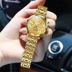OLEVS Relojes para mujeres de negocios, con diamante, pulsera de acero inoxidable, fecha, impermeable, tono bicolor para mujer