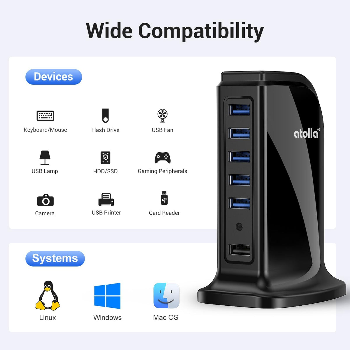 atolla, hub USB 3.0 de 7 puertos, alimentado, adaptador 5V/4A