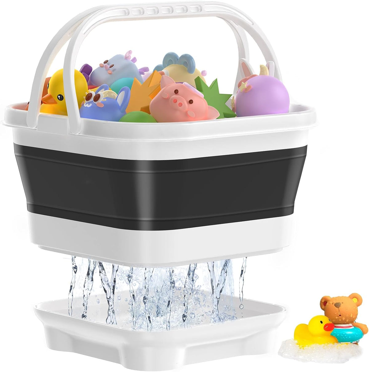 Anivia Organizador de almacenamiento de juguetes de baño plegable, soporte de juguetes de baño con base removible, almacenamiento/cesta de juguetes de bañera de secado rápido, soporte de juguetes de