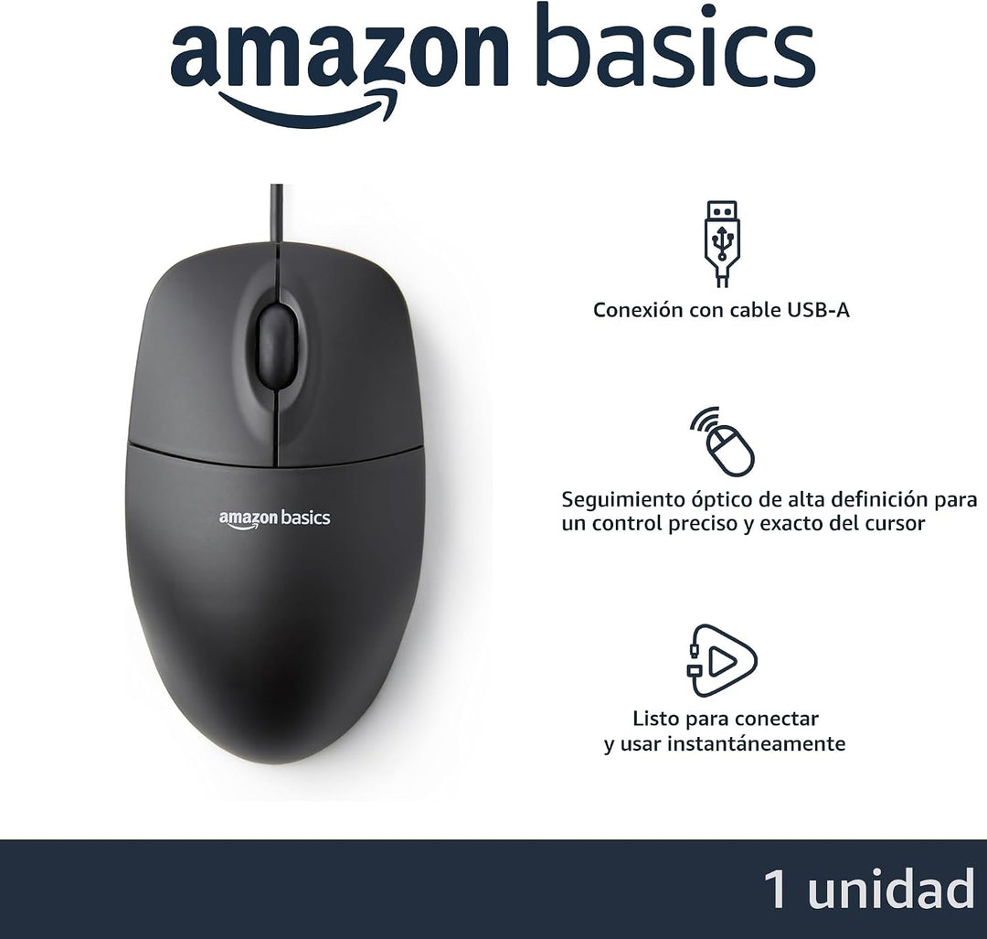 AmazonBasics Ratón de computadora con cable USB de 3 botones (negro...