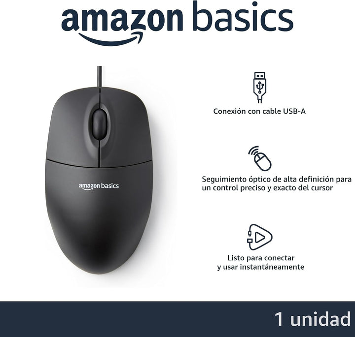 AmazonBasics Ratón de computadora con cable USB de 3 botones (negro...