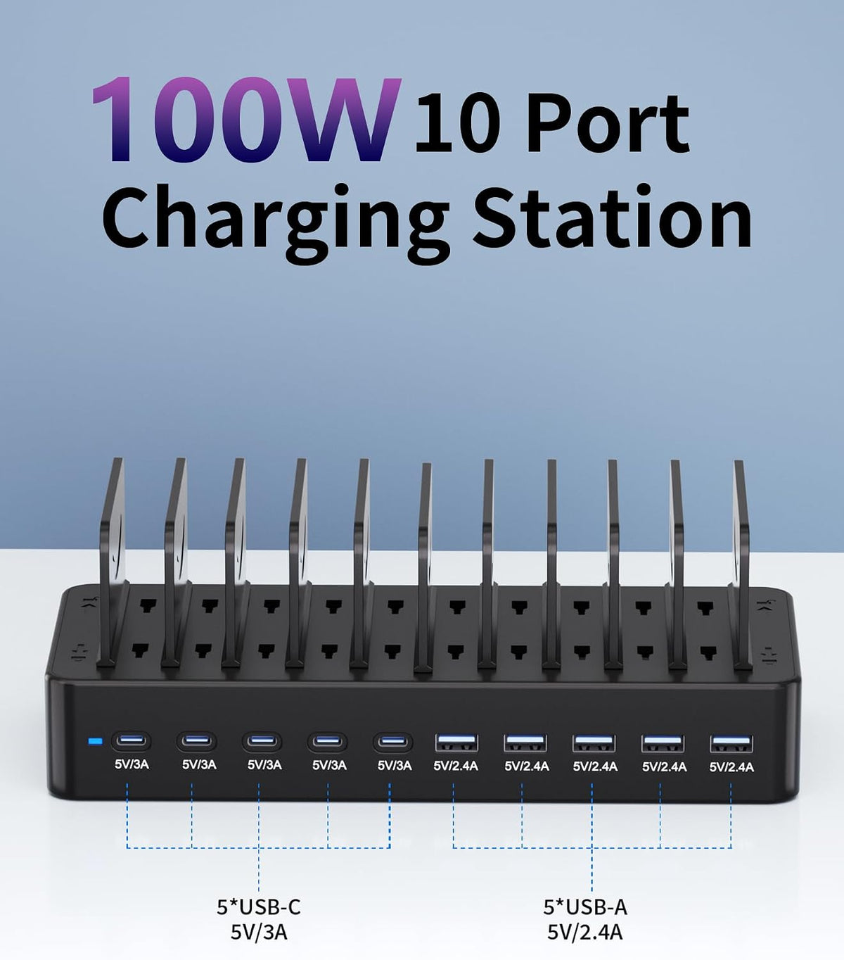 Estación de carga de 100 W para múltiples dispositivos, estación de carga rápida USB de 10 puertos con divisores ajustables y 10 cables, base de carga organizadora de múltiples dispositivos para