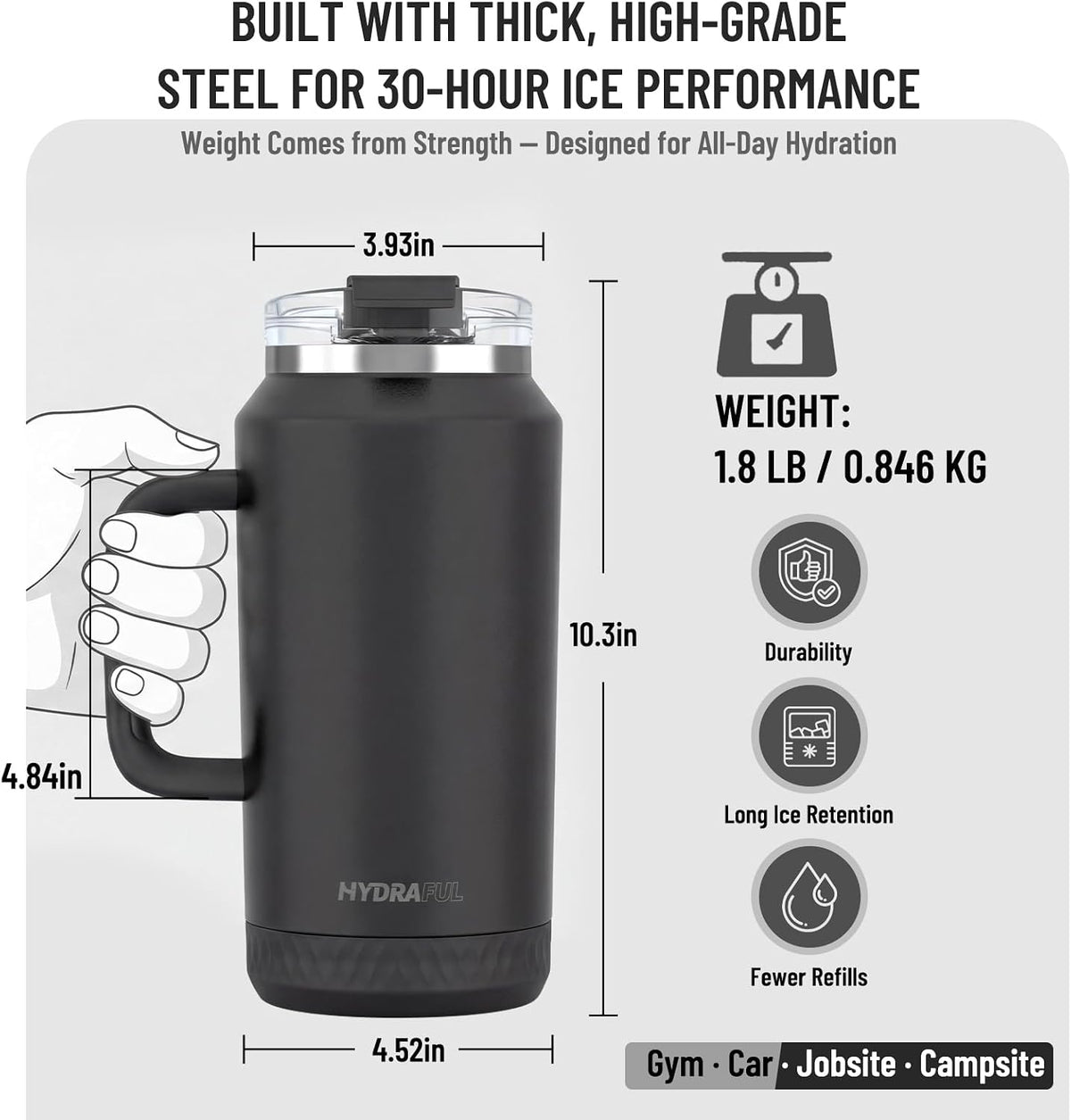 Hydraful Vaso de 64 onzas con asa y pajilla, 100% a prueba de fugas, vaso aislado reutilizable, botella de agua grande de acero inoxidable, taza de viaje para gimnasio, senderismo y campamento