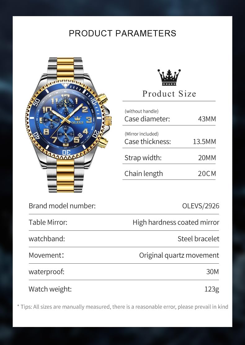 OLEVS Reloj de caballero Cronógrafo de lujo con fases de la luna, dos tonos, acero inoxidable, a prueba de agua, luminiscente, calendario empresarial, reloj de pulsera