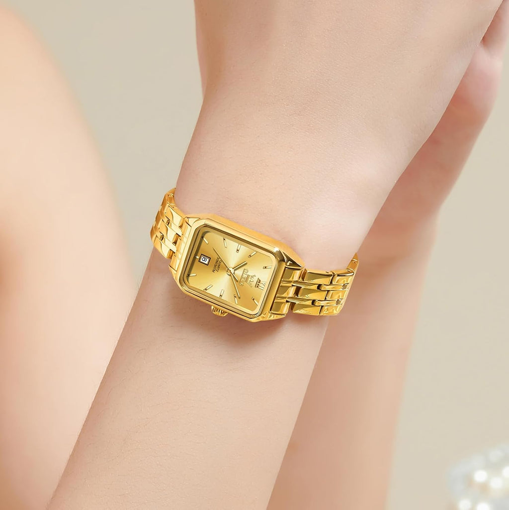 OLEVS Reloj de mujer de oro de acero inoxidable, reloj de cara cuadrada pequeña con decoración de diamantes, reloj de vestir de cuarzo analógico de lujo para mujer, reloj de pulsera impermeable con