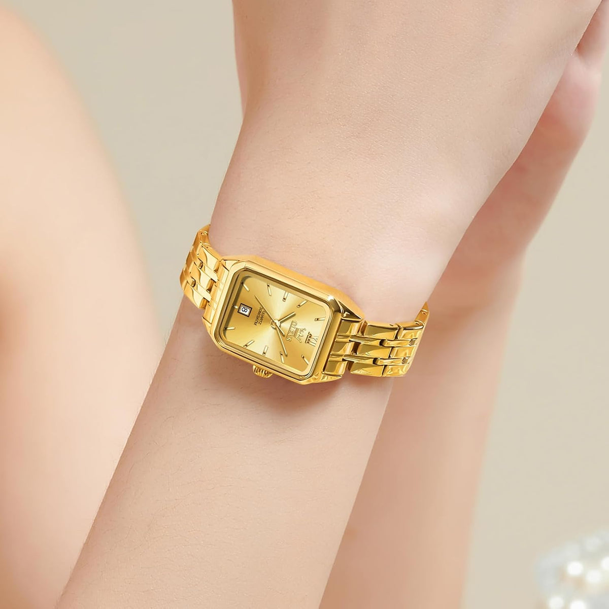 OLEVS Reloj de mujer de oro de acero inoxidable, reloj de cara cuadrada pequeña con decoración de diamantes, reloj de vestir de cuarzo analógico de lujo para mujer, reloj de pulsera impermeable con
