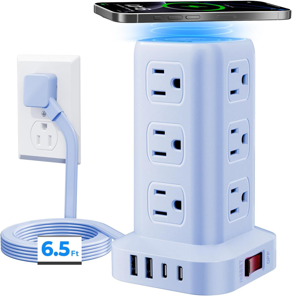 Regleta azul con 12 tomacorrientes, 4 USB (1 USB C), cable de extensión de 6.5 pies con múltiples tomas, estación de carga, torre de regleta de alimentación, suministros de escritorio de oficina en