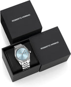 Roberto Marino Reloj de lujo para hombre, acero inoxidable dorado, cuarzo japonés, esfera azul, resistente al agua 3 ATM