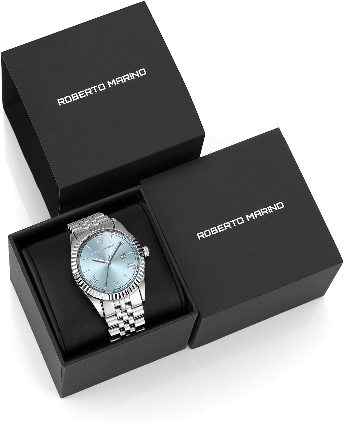 Roberto Marino Reloj de lujo para hombre, acero inoxidable dorado, cuarzo japonés, esfera azul, resistente al agua 3 ATM
