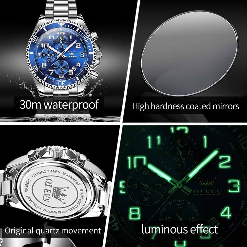 OLEVS Relojes para hombre, de cara grande, de acero inoxidable, resistente al agua, con fecha, analógicos, de cuarzo, modernos, de negocios, relojes de pulsera para hombre