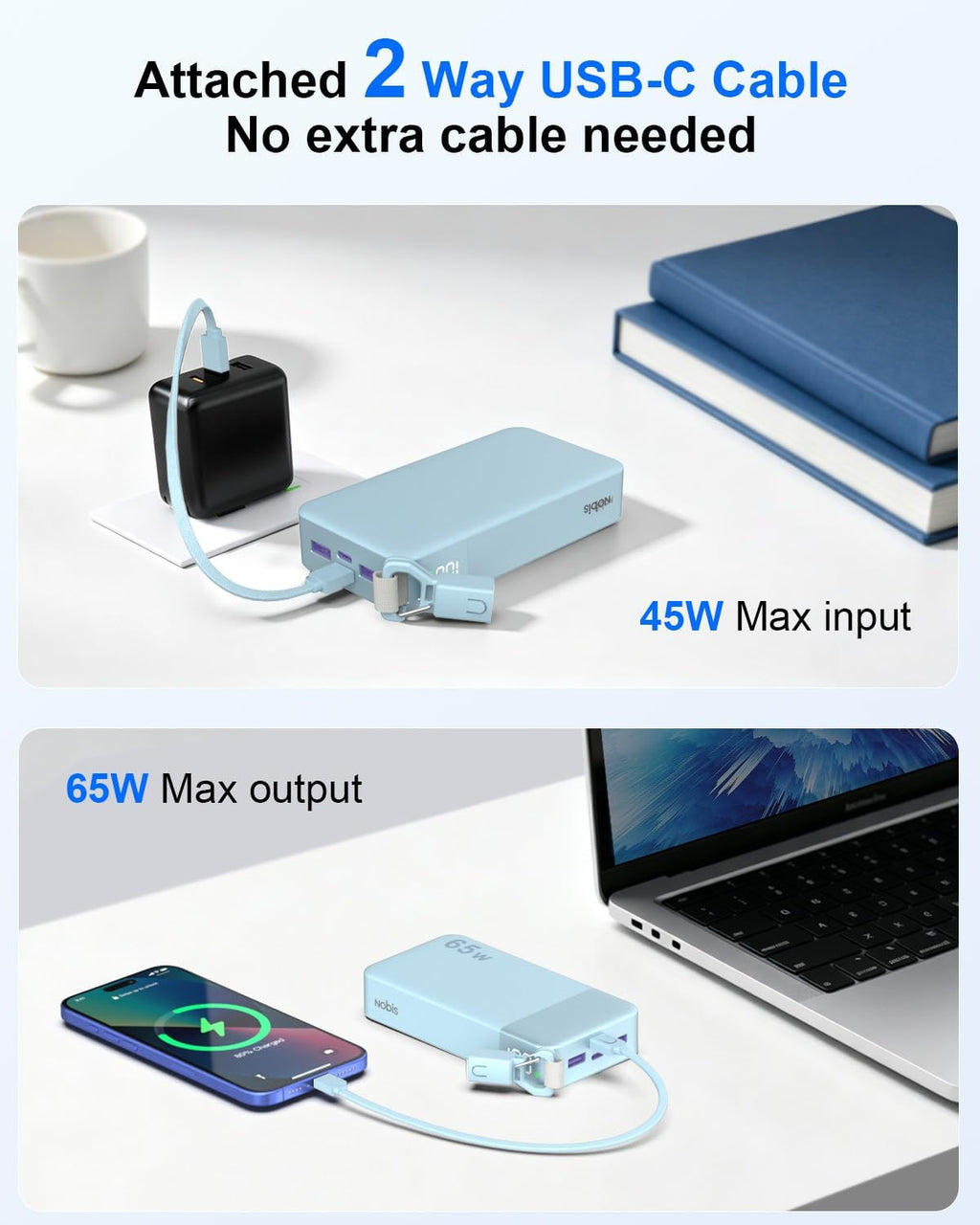 NOBIS Cargador portátil de 20000 mAh, 65 W, batería con cable USBC adjunto, Azul