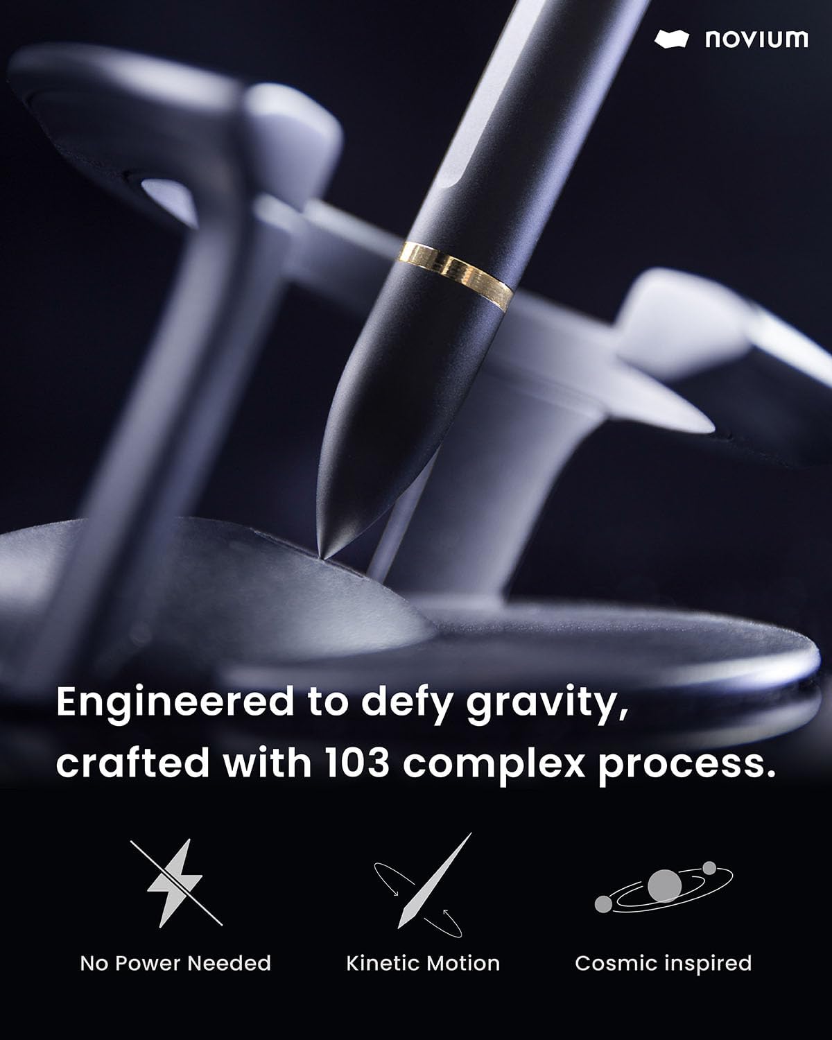 novium Hoverpen Interstellar - Space Black, bolígrafo, anillo de pluma chapado en oro de 18 quilates, ángulo de 23.5 grados, repuesto de bolígrafo Schmidt, sin derrames, sin manchas, sin explosiones