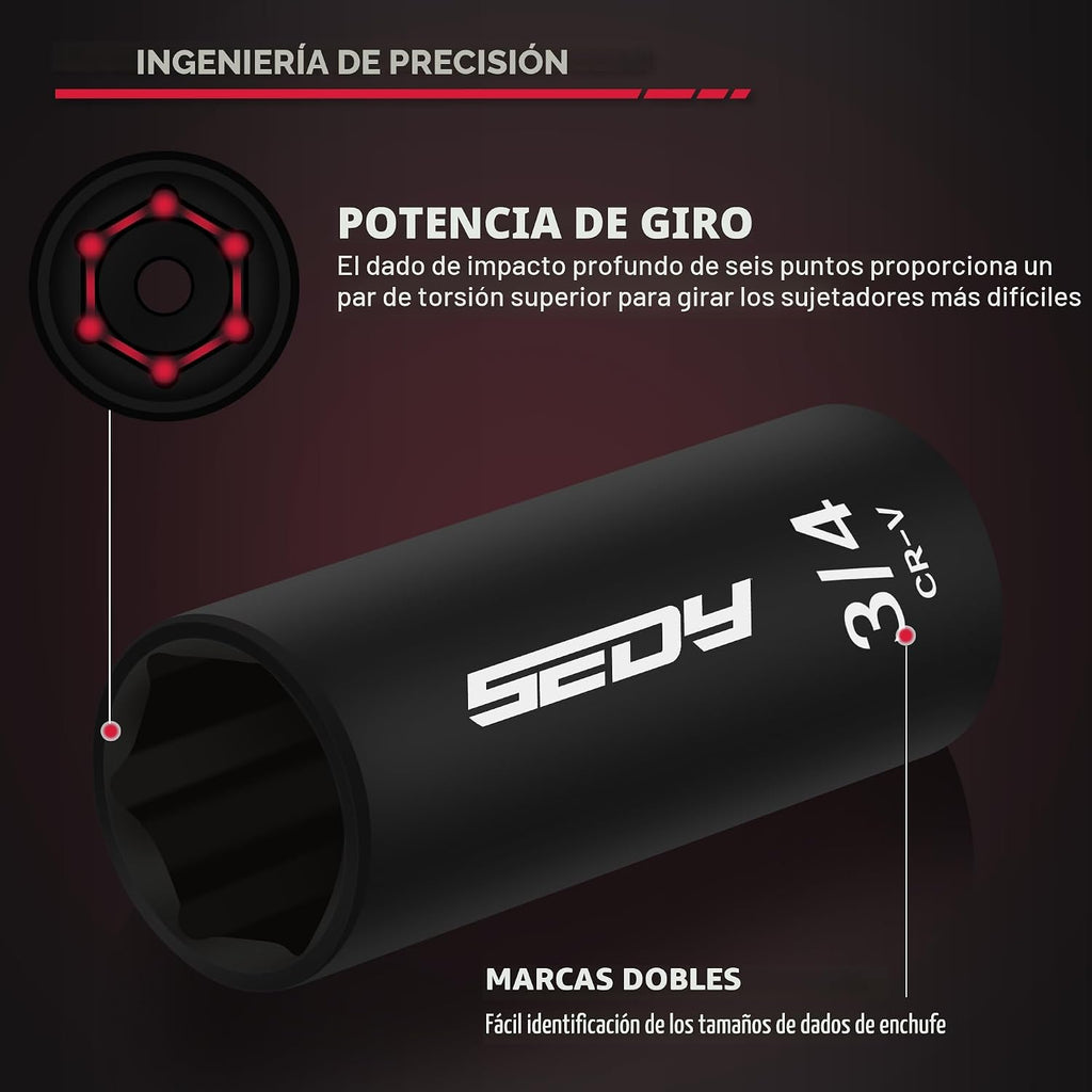 Juego de llaves de vaso de impacto de 3/8" - 49 piezas SAE (5/16 a 3/4 pulgadas) y métricas (8-22mm) con barras de extensión y junta universal estándar y profunda de material CR-V para alta