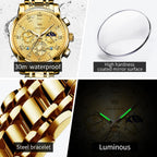 OLEVS Relojes para hombre, resistente al agua, de lujo, gran cara, reloj analógico de cuarzo de acero inoxidable, relojes de vestir analógicos para hombre, luminoso, multifuncional, reloj de hombre
