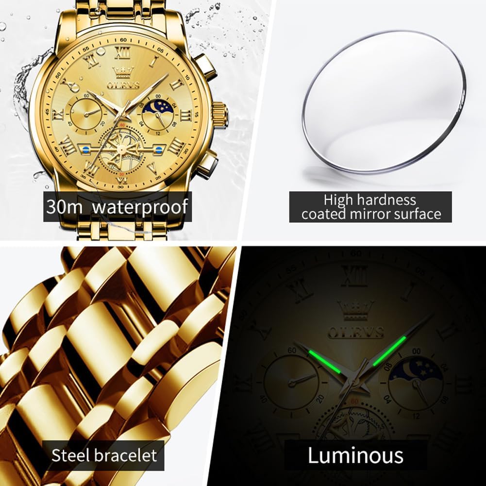 OLEVS Relojes para hombre, resistente al agua, de lujo, gran cara, reloj analógico de cuarzo de acero inoxidable, relojes de vestir analógicos para hombre, luminoso, multifuncional, reloj de hombre