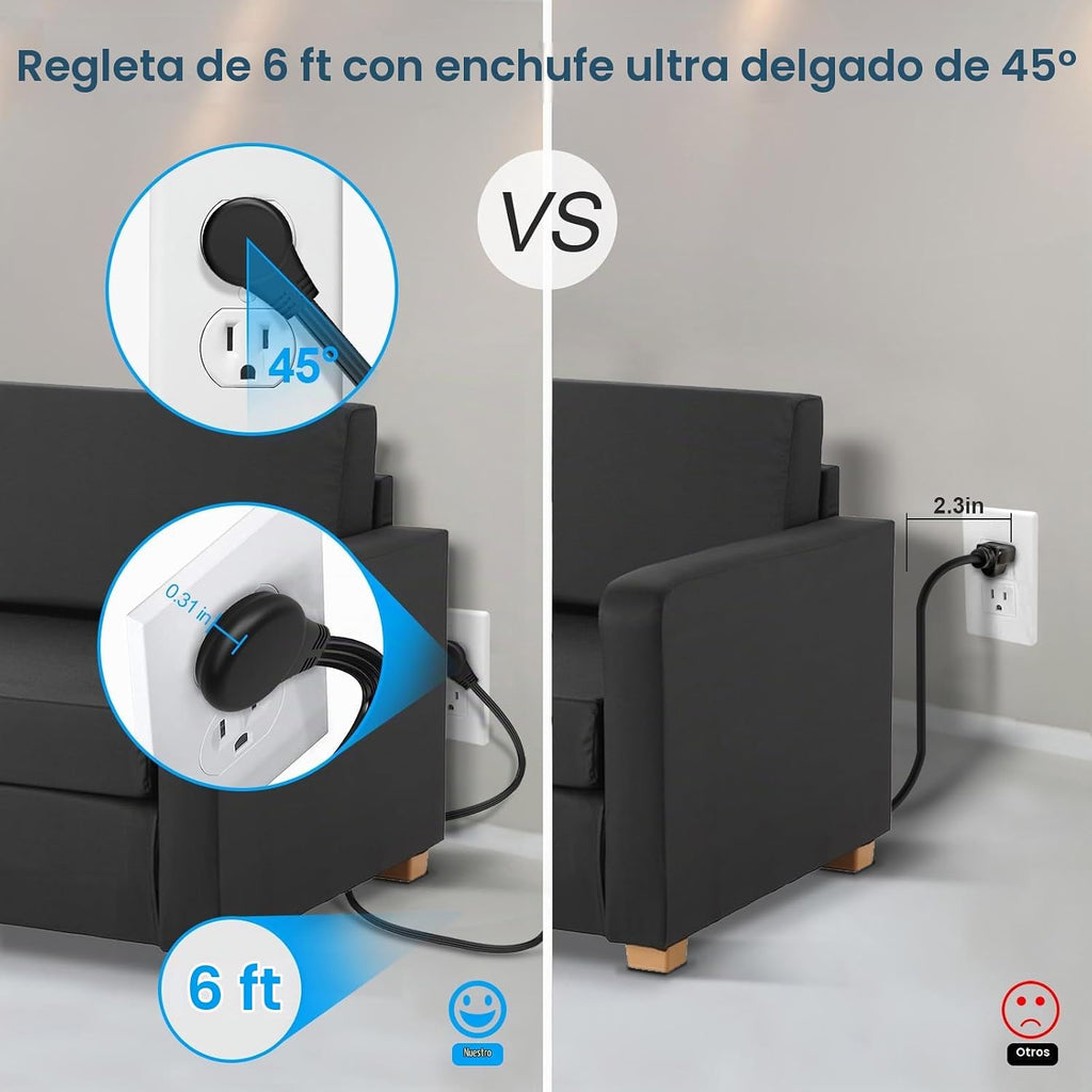 Paquete de 2 regletas de alimentación de enchufe ultra plano, regletas de alimentación con 4 tomas amplias, cable de extensión de enchufe plano de 6 pies con 3 puertos USB (1 puerto USB C), estación de carga de escritorio delgada, color negro
