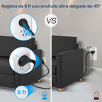 Paquete de 2 regletas de alimentación de enchufe ultra plano, regletas de alimentación con 4 tomas amplias, cable de extensión de enchufe plano de 6 pies con 3 puertos USB (1 puerto USB C), estación de carga de escritorio delgada, color negro
