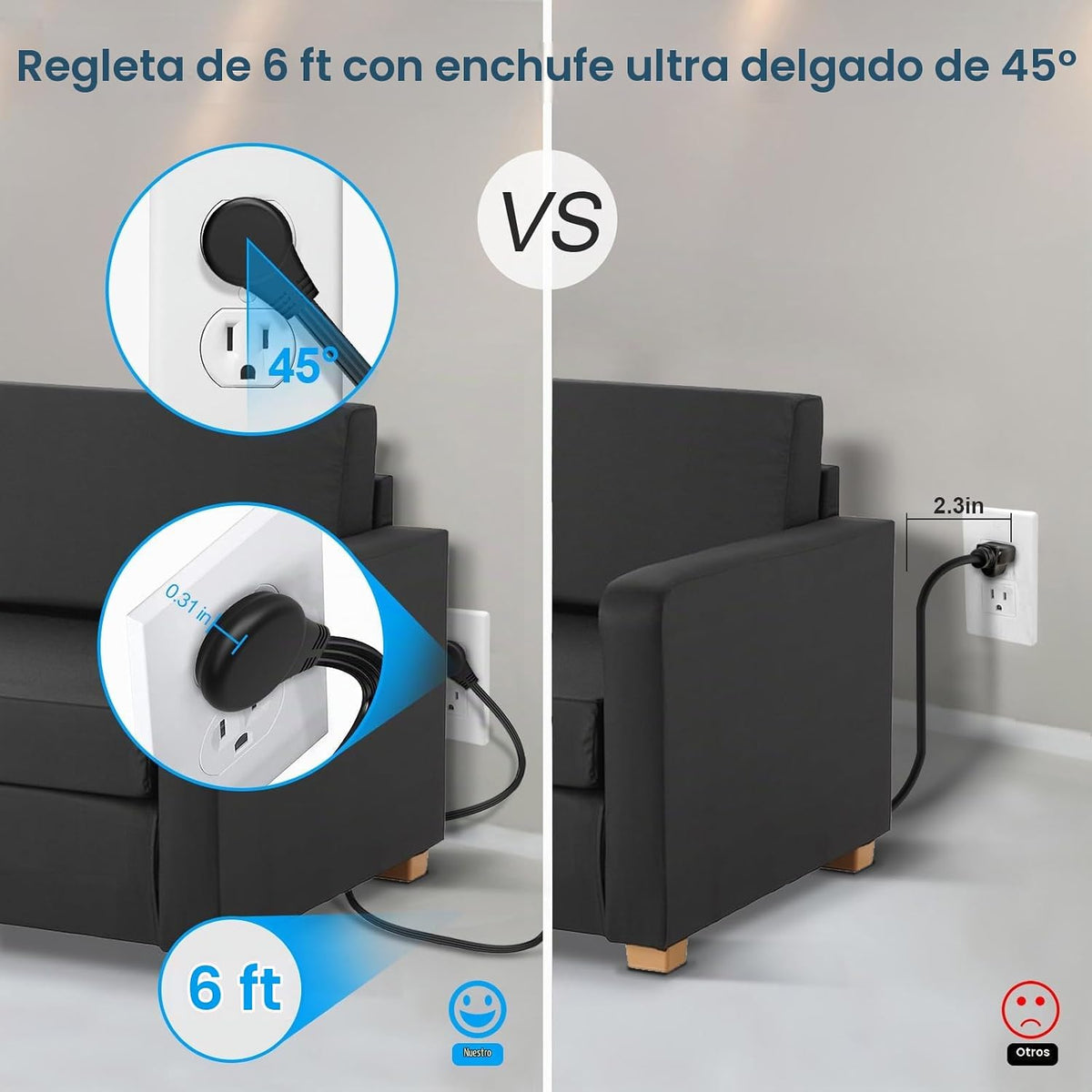 Paquete de 2 regletas de alimentación de enchufe ultra plano, regletas de alimentación con 4 tomas amplias, cable de extensión de enchufe plano de 6 pies con 3 puertos USB (1 puerto USB C), estación de carga de escritorio delgada, color negro