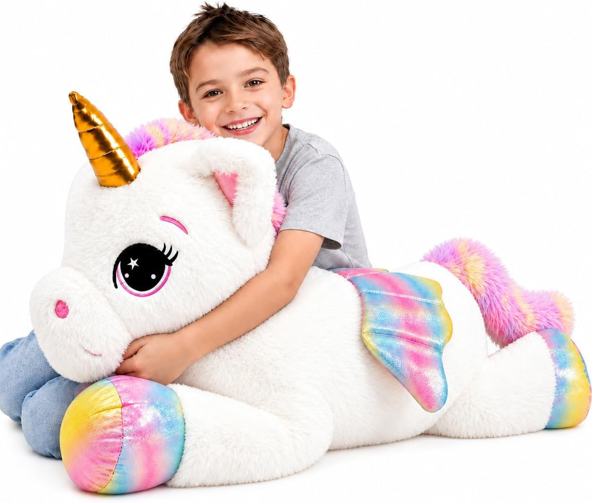 Almohada de peluche de unicornio de 32 pulgadas, suave juguete de peluche grande de unicornio con alas de arcoíris, bonita almohada para abrazar para niños, niñas y adultos, almohada de felpa