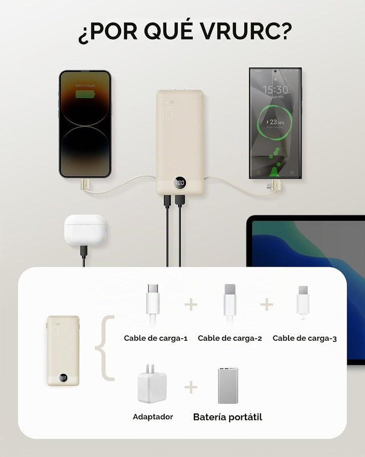 Cargador portátil con cables integrados y enchufe de pared AC, banc...