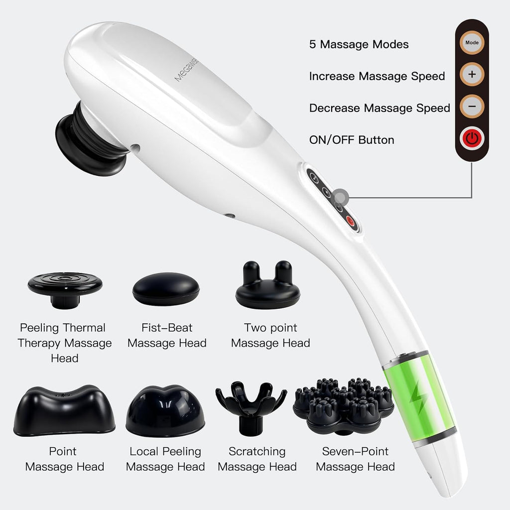 MEGAWISE Masajeador inalámbrico para espalda, hombros, cintura, piernas, batería recargable de 3200mAh, 5 velocidades y 5 +2 nodos de masaje 5 nodos duros, 2 nodos de silicona, masaje mientras se