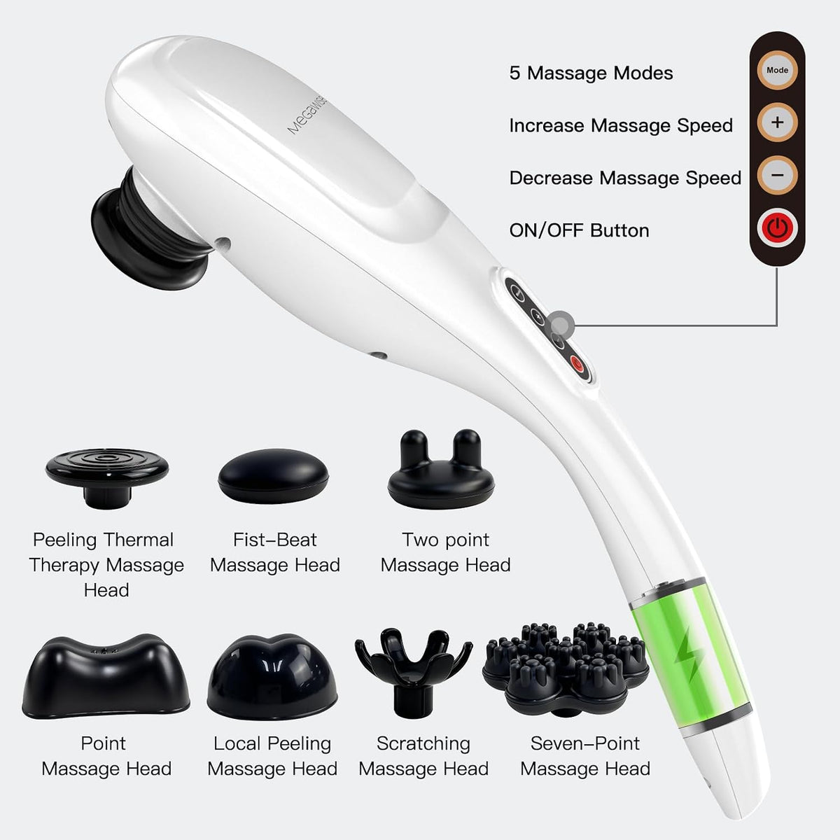 MEGAWISE Masajeador inalámbrico para espalda, hombros, cintura, piernas, batería recargable de 3200mAh, 5 velocidades y 5 +2 nodos de masaje 5 nodos duros, 2 nodos de silicona, masaje mientras se