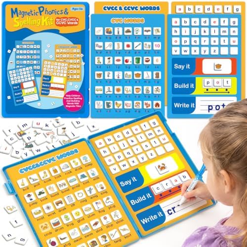 Kit de fonética magnética todo en uno, azulejos de letras magnéticas de fonética, juegos de construcción de palabras, juegos de lectura de ortografía con tablero de construcción de palabras