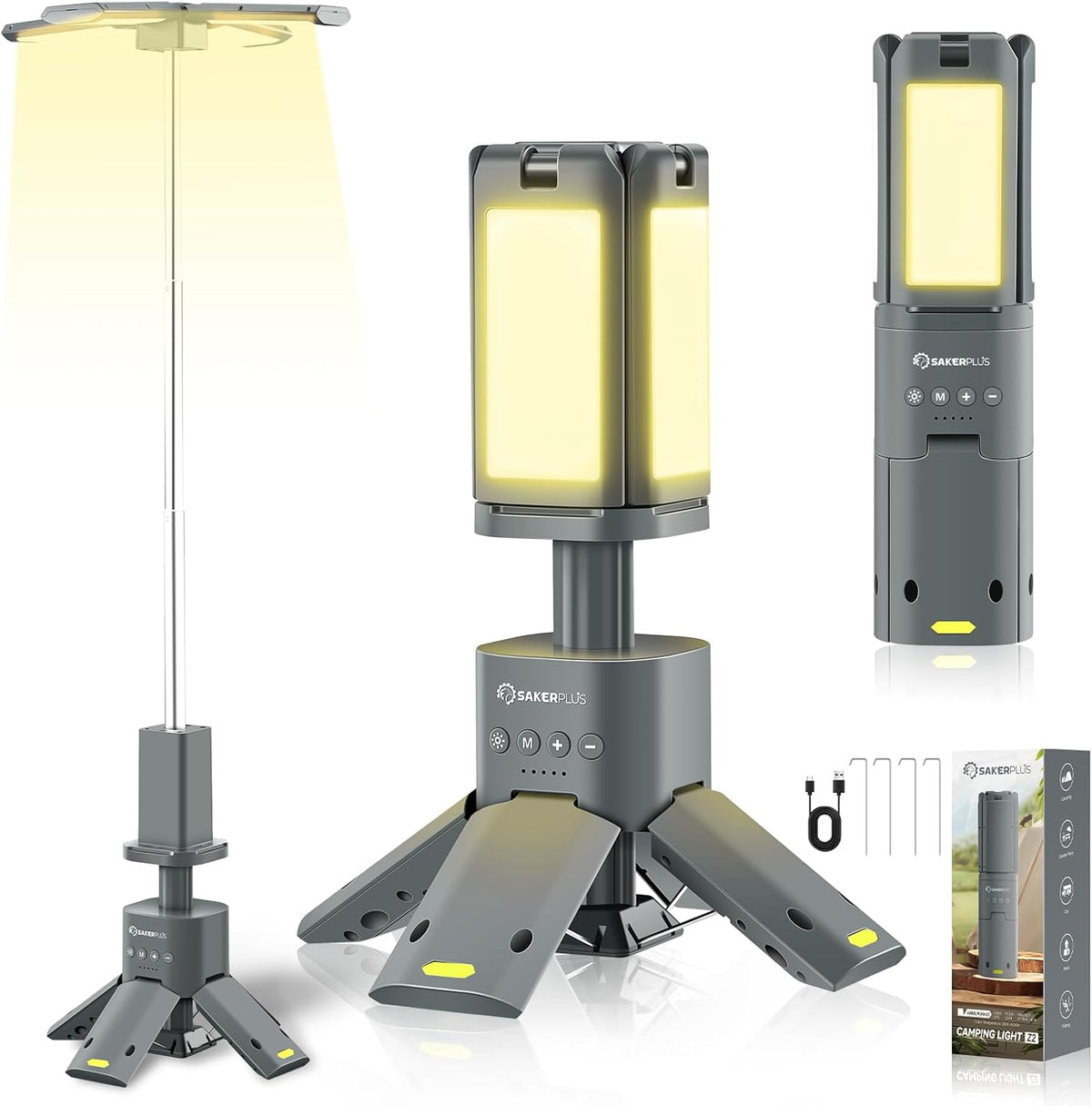 Lámpara SakerPlus Luz portátil para campamento, linterna telescópica de campamento de 14000 mAh con fuente de alimentación recargable, lámparas magnéticas regulables para tienda de campaña de 6000 lúmenes