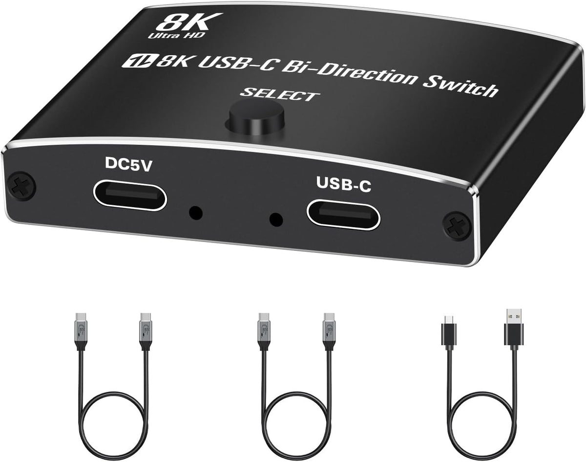 Interruptor USB C de 40 Gbps para 2 computadoras, Conmutador USBC,2 cables